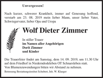 Traueranzeige von Wolf Dieter Zimmer  von Magdeburger Volksstimme
