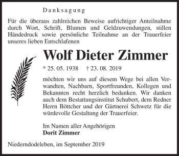 Traueranzeige von Wolf Dieter Zimmer  von Magdeburger Volksstimme