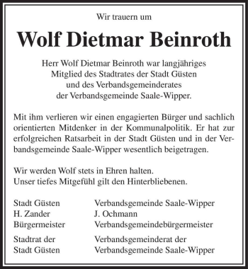 Traueranzeige von Wolf Dietmar Beinroth  von Magdeburger Volksstimme