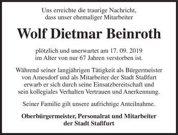 Traueranzeige von Wolf Dietmar Beinroth  von Magdeburger Volksstimme