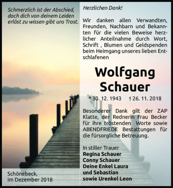 Traueranzeige von Wolfang Schauer  von Magdeburger Volksstimme