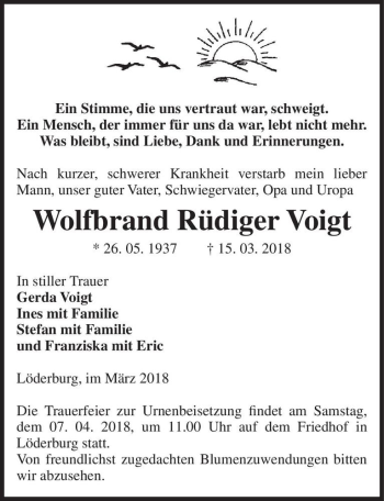 Traueranzeige von Wolfbrand Rüdiger Voigt  von Magdeburger Volksstimme