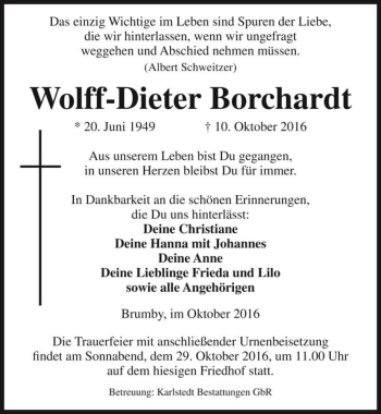 Traueranzeige von Wolff-Dieter Borchardt  von Magdeburger Volksstimme