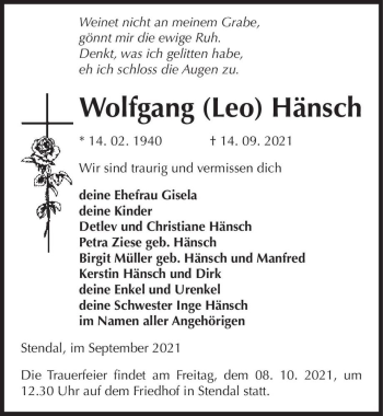 Traueranzeige von Wolfgang 