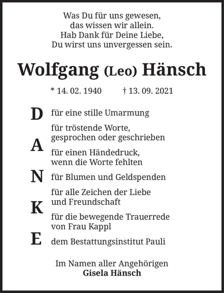  Traueranzeige für Wolfgang 