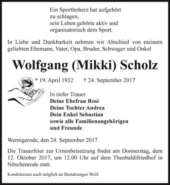 Traueranzeige von Wolfgang (Mikki) Scholz  von Magdeburger Volksstimme