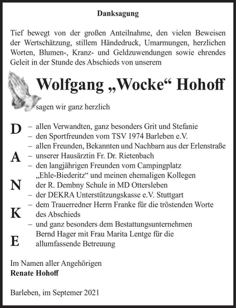  Traueranzeige für Wolfgang 