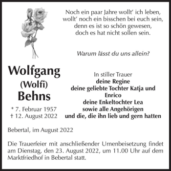 Traueranzeige von Wolfgang (Wolfi) Behns  von Magdeburger Volksstimme