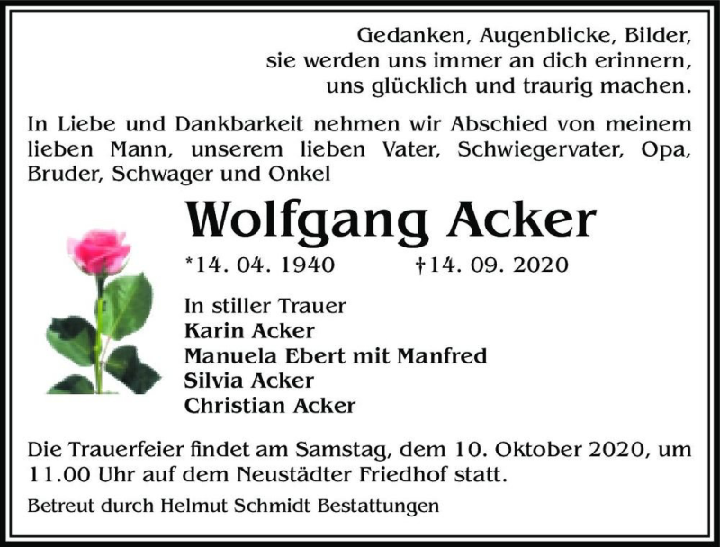  Traueranzeige für Wolfgang Acker  vom 26.09.2020 aus Magdeburger Volksstimme