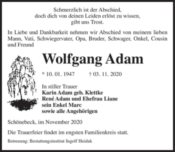 Traueranzeige von Wolfgang Adam  von Magdeburger Volksstimme