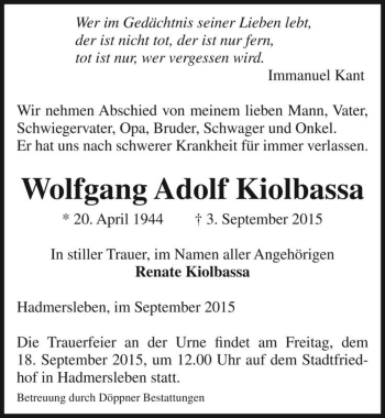 Traueranzeige von Wolfgang Adolf Kiolbassa  von Magdeburger Volksstimme