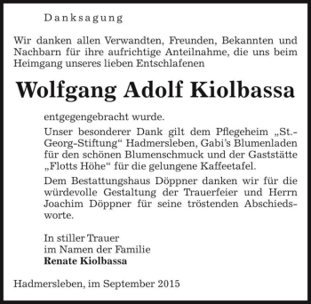 Traueranzeige von Wolfgang Adolf Kiolbassa  von Magdeburger Volksstimme
