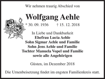 Traueranzeige von Wolfgang Aehle  von Magdeburger Volksstimme
