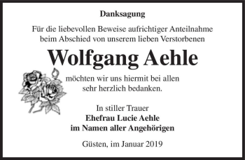 Traueranzeige von Wolfgang Aehle  von Magdeburger Volksstimme