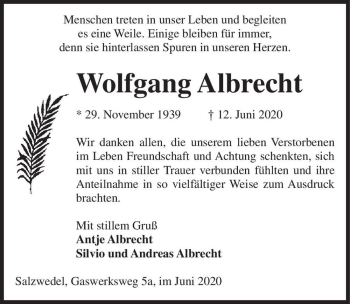 Traueranzeige von Wolfgang Albrecht  von Magdeburger Volksstimme