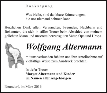 Traueranzeige von Wolfgang Altermann  von Magdeburger Volksstimme
