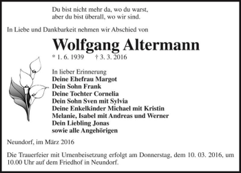Traueranzeige von Wolfgang Altermann  von Magdeburger Volksstimme