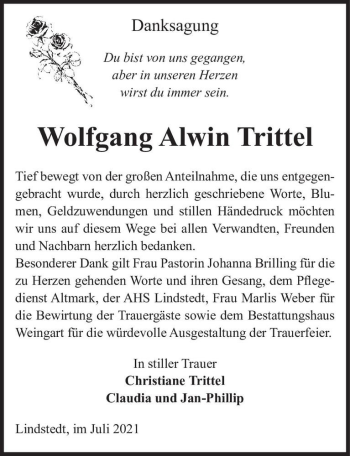 Traueranzeige von Wolfgang Alwin Trittel  von Magdeburger Volksstimme