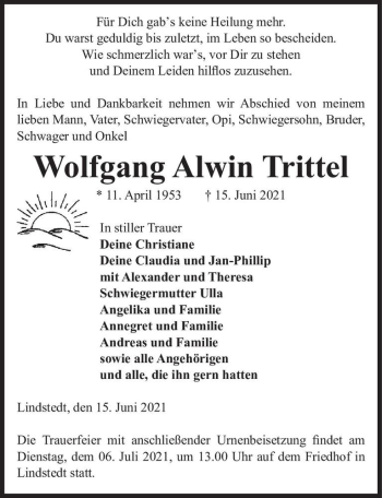 Traueranzeige von Wolfgang Alwin Trittel  von Magdeburger Volksstimme