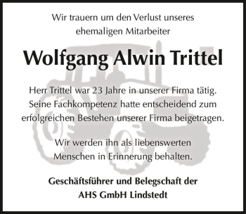 Traueranzeige von Wolfgang Alwin Trittel  von Magdeburger Volksstimme