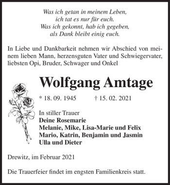 Traueranzeige von Wolfgang Amtage  von Magdeburger Volksstimme