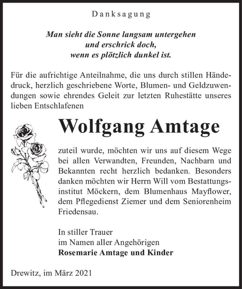  Traueranzeige für Wolfgang Amtage  vom 27.03.2021 aus Magdeburger Volksstimme