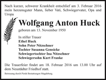 Traueranzeige von Wolfgang Anton Huck  von Magdeburger Volksstimme