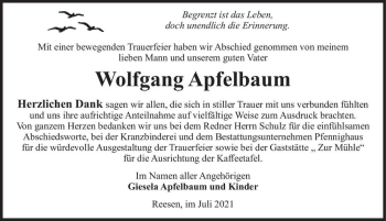 Traueranzeige von Wolfgang Apfelbaum  von Magdeburger Volksstimme