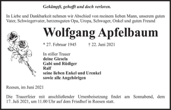 Traueranzeige von Wolfgang Apfelbaum  von Magdeburger Volksstimme
