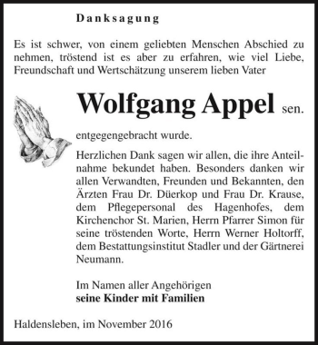 Traueranzeige von Wolfgang Appel sen.  von Magdeburger Volksstimme