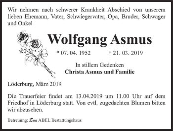 Traueranzeige von Wolfgang Asmus  von Magdeburger Volksstimme