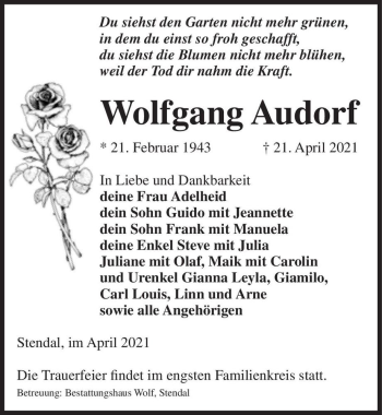 Traueranzeige von Wolfgang Audorf  von Magdeburger Volksstimme