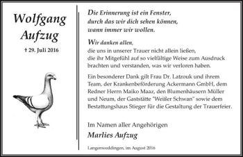 Traueranzeige von Wolfgang Aufzug  von Magdeburger Volksstimme
