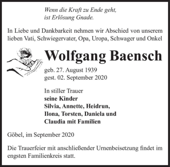 Traueranzeige von Wolfgang Baensch  von Magdeburger Volksstimme