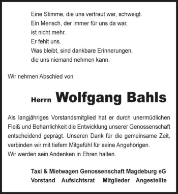 Traueranzeige von Wolfgang Bahls  von Magdeburger Volksstimme