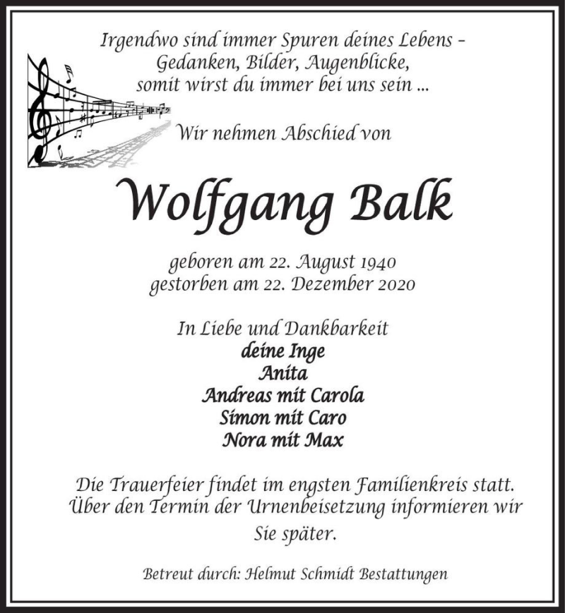  Traueranzeige für Wolfgang Balk  vom 29.12.2020 aus Magdeburger Volksstimme