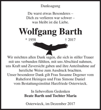 Traueranzeige von Wolfgang Barth  von Magdeburger Volksstimme