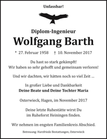 Traueranzeige von Wolfgang Barth  von Magdeburger Volksstimme