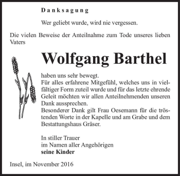 Traueranzeige von Wolfgang Barthel  von Magdeburger Volksstimme