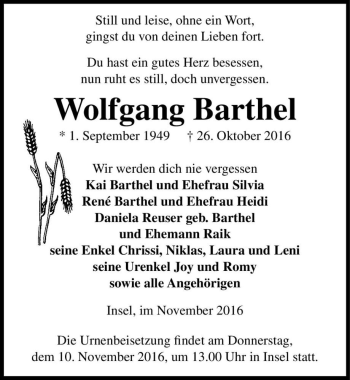 Traueranzeige von Wolfgang Barthel  von Magdeburger Volksstimme