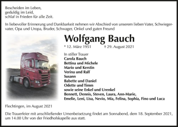Traueranzeige von Wolfgang Bauch  von Magdeburger Volksstimme