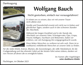 Traueranzeige von Wolfgang Bauch  von Magdeburger Volksstimme