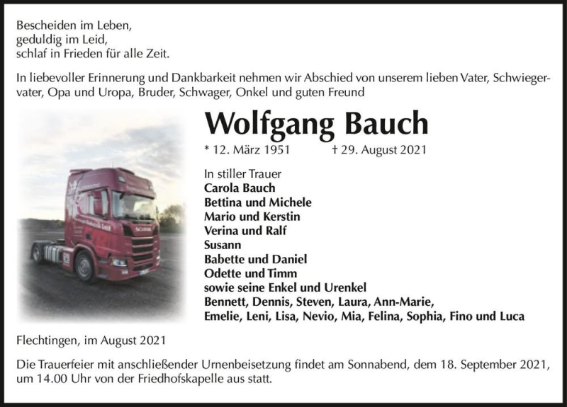  Traueranzeige für Wolfgang Bauch  vom 04.09.2021 aus Magdeburger Volksstimme