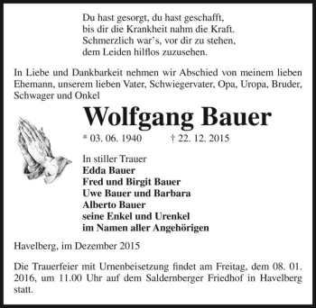 Traueranzeige von Wolfgang Bauer  von Magdeburger Volksstimme