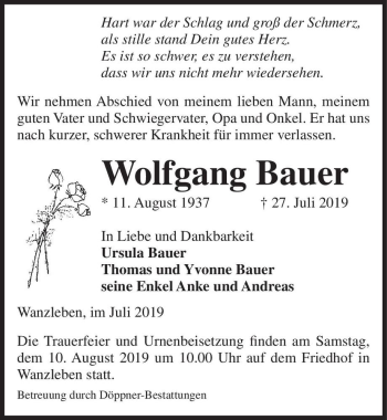 Traueranzeige von Wolfgang Bauer  von Magdeburger Volksstimme