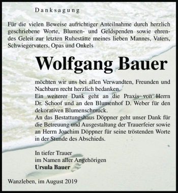 Traueranzeige von Wolfgang Bauer  von Magdeburger Volksstimme