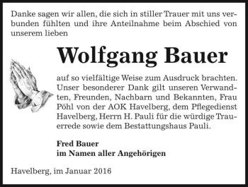 Traueranzeige von Wolfgang Bauer  von Magdeburger Volksstimme