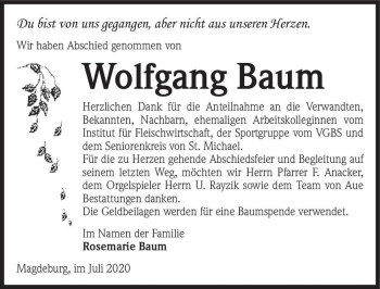 Traueranzeige von Wolfgang Baum  von Magdeburger Volksstimme