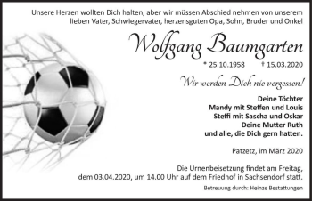 Traueranzeige von Wolfgang Baumgarten  von Magdeburger Volksstimme