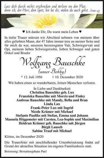 Traueranzeige von Wolfgang Bauschke 